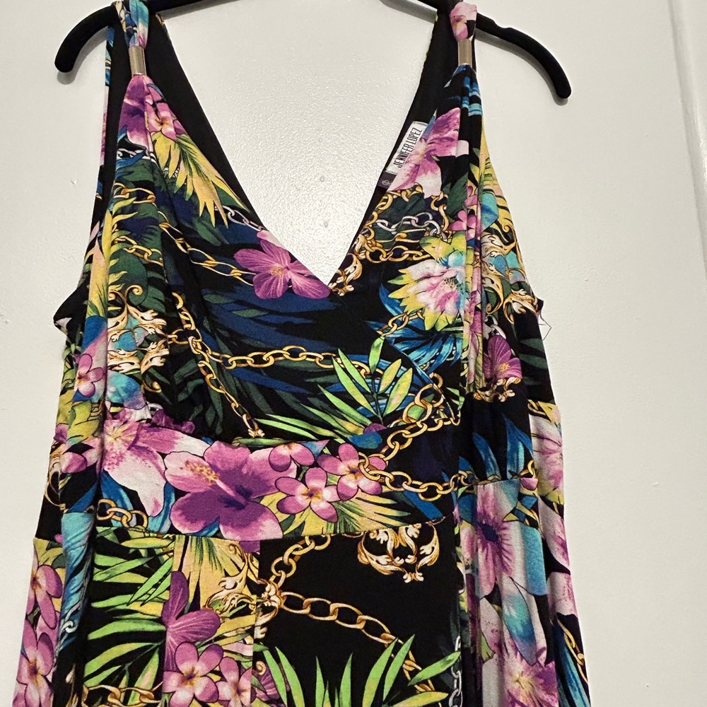 Jennifer Lopez Tropical V Nexk Black Floral & Gold Chain Print Maxi Dress 2X - Picture 4 of 5